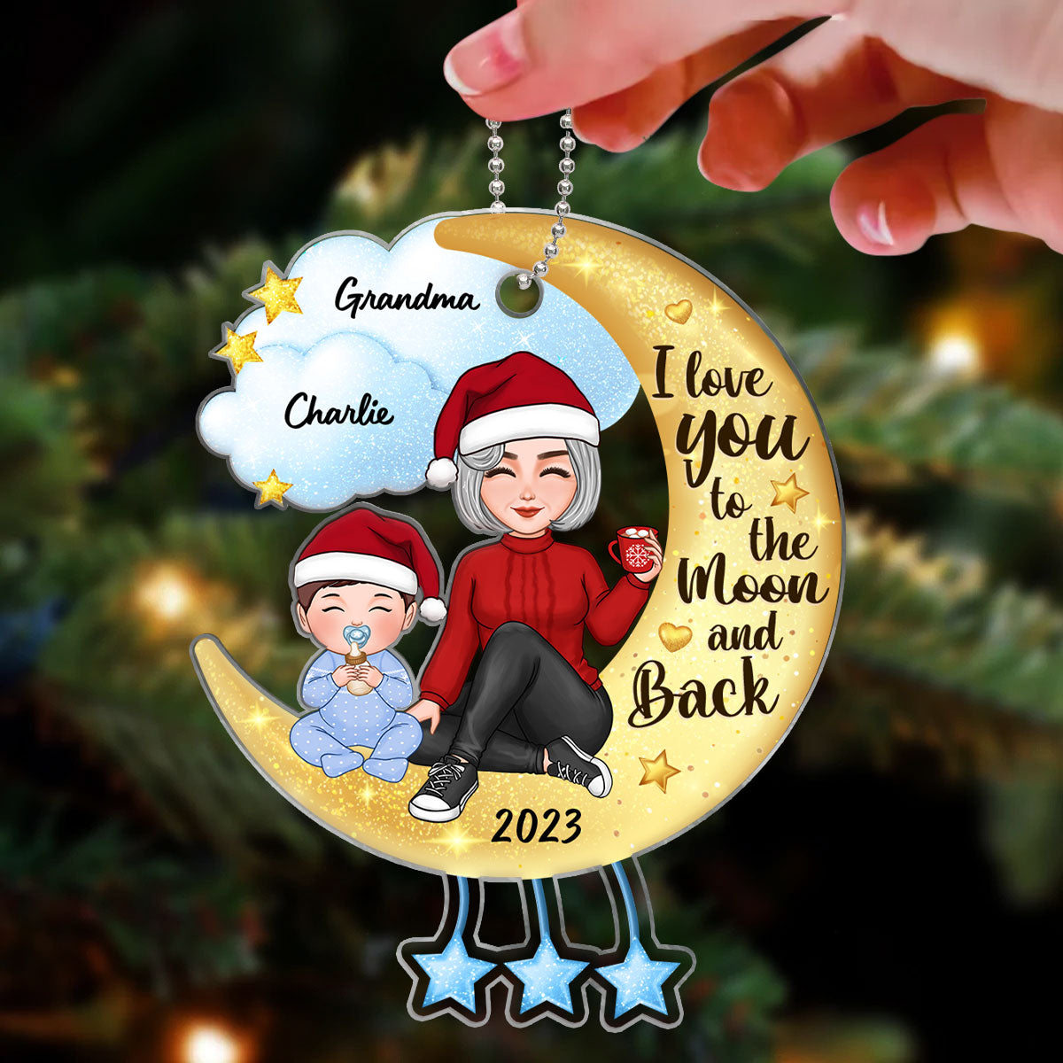 Cute Grandma & Grandkid Sitting On Moon And Cloud Personalized Acrylic Ornament