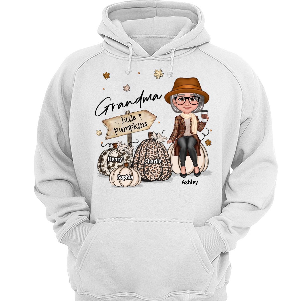 Grandma Mom Sitting On Animal Prints Patterned Pumpkins Fall Season Personalized Shirt