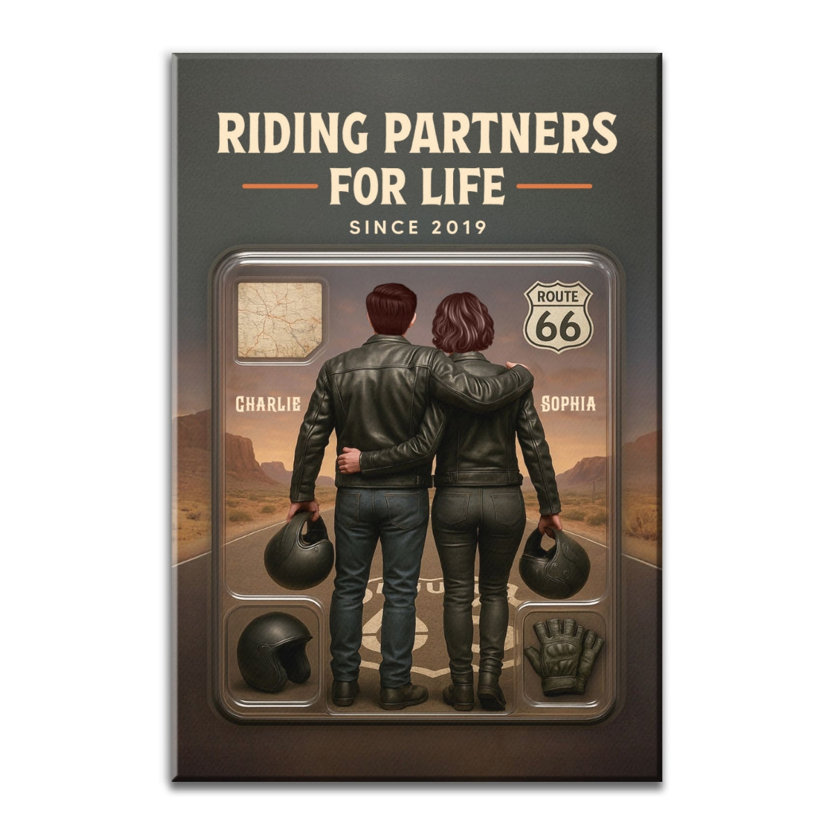 3D Effect Custom Figure Couple Bikers Riding Partners For Life Personalized Wrapped Canvas
