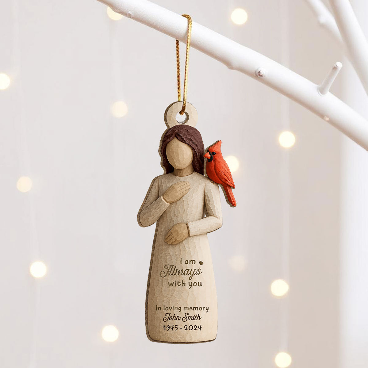 Always With You Cardinal & Woman 3D Effect Personalized Wooden Ornament, Memorial Sympathy Gift