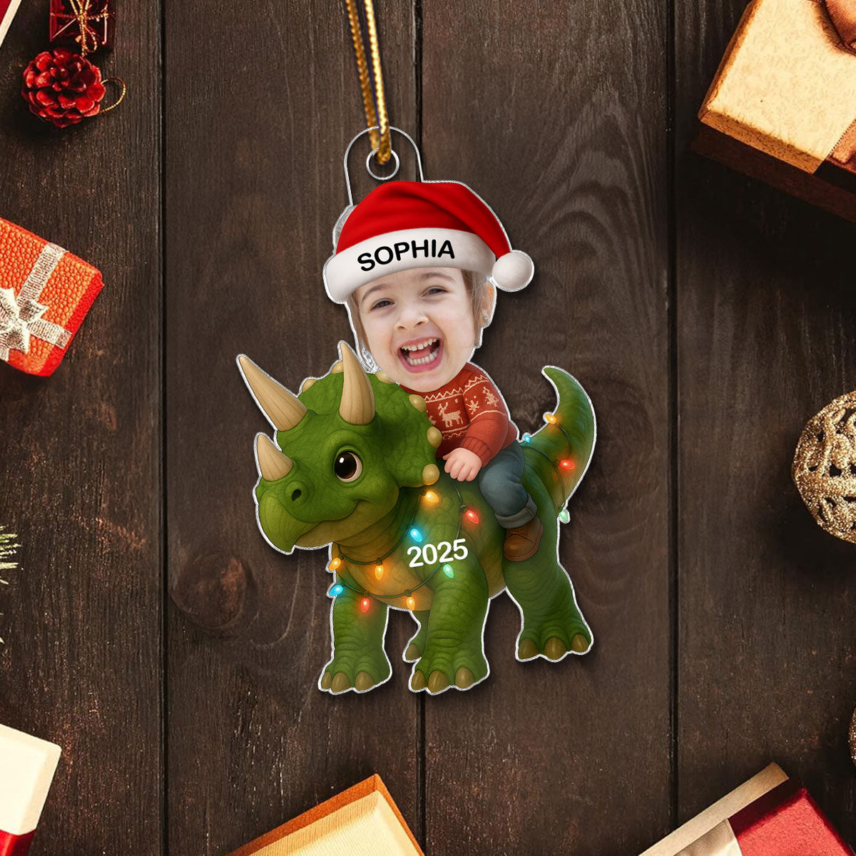 3D Effect Custom Kid Face With Dinosaur Christmas Personalized Acrylic Ornament