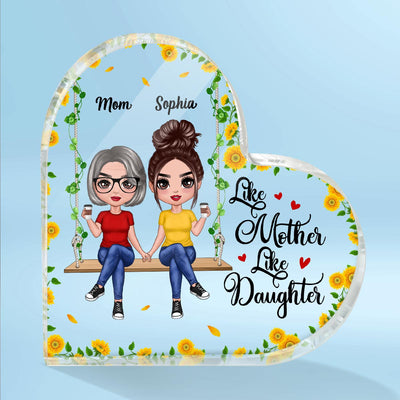 Doll Mom Daughter Sitting On Swing Holding Sunflower Personalized Heart Acrylic Plaque