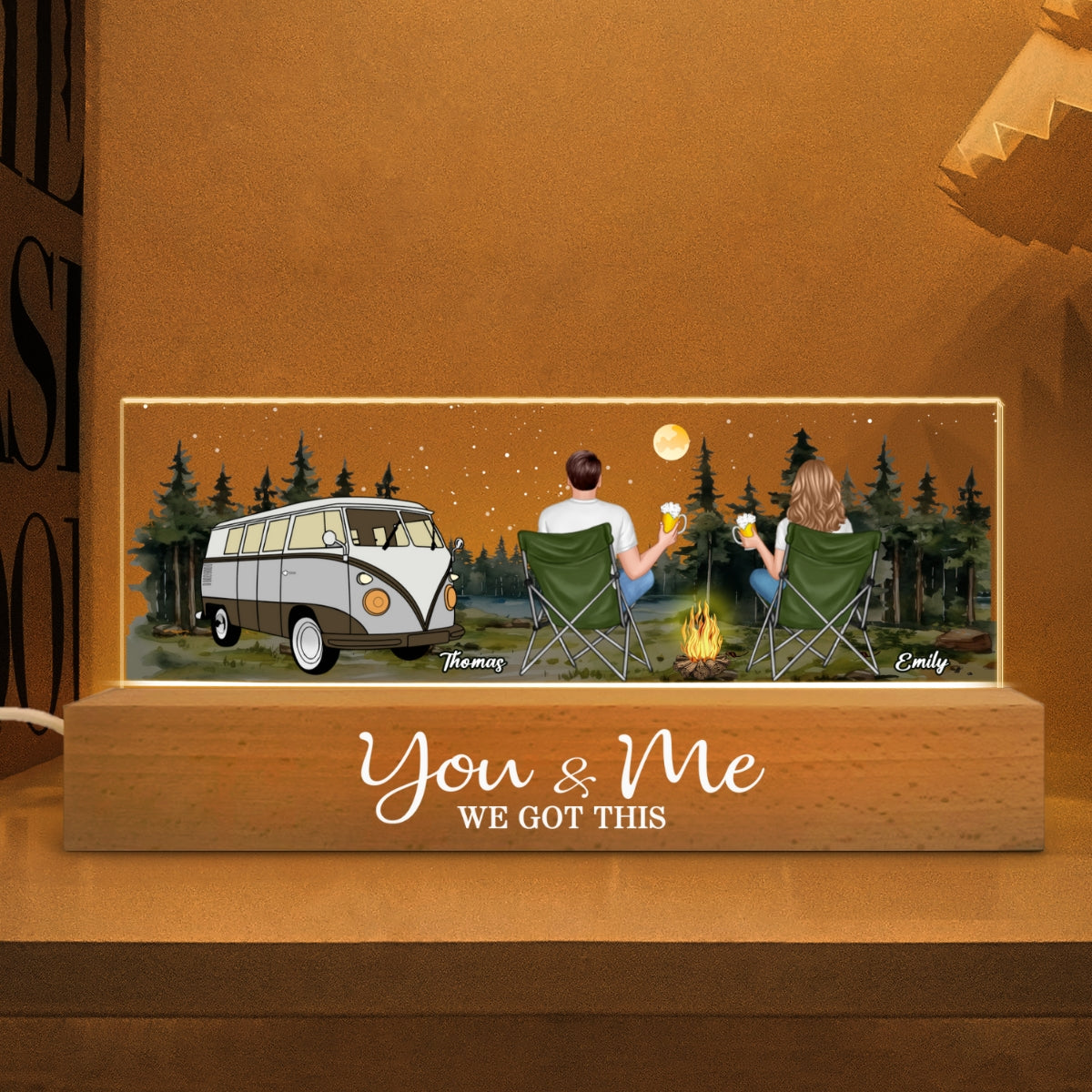 Back View Couple Camping Sitting Together Personalized Acrylic Block LED Night Light, Heartfelt Gift For Couple, For Him, For Her, Boyfriend, Girlfriend, Husband, Wife