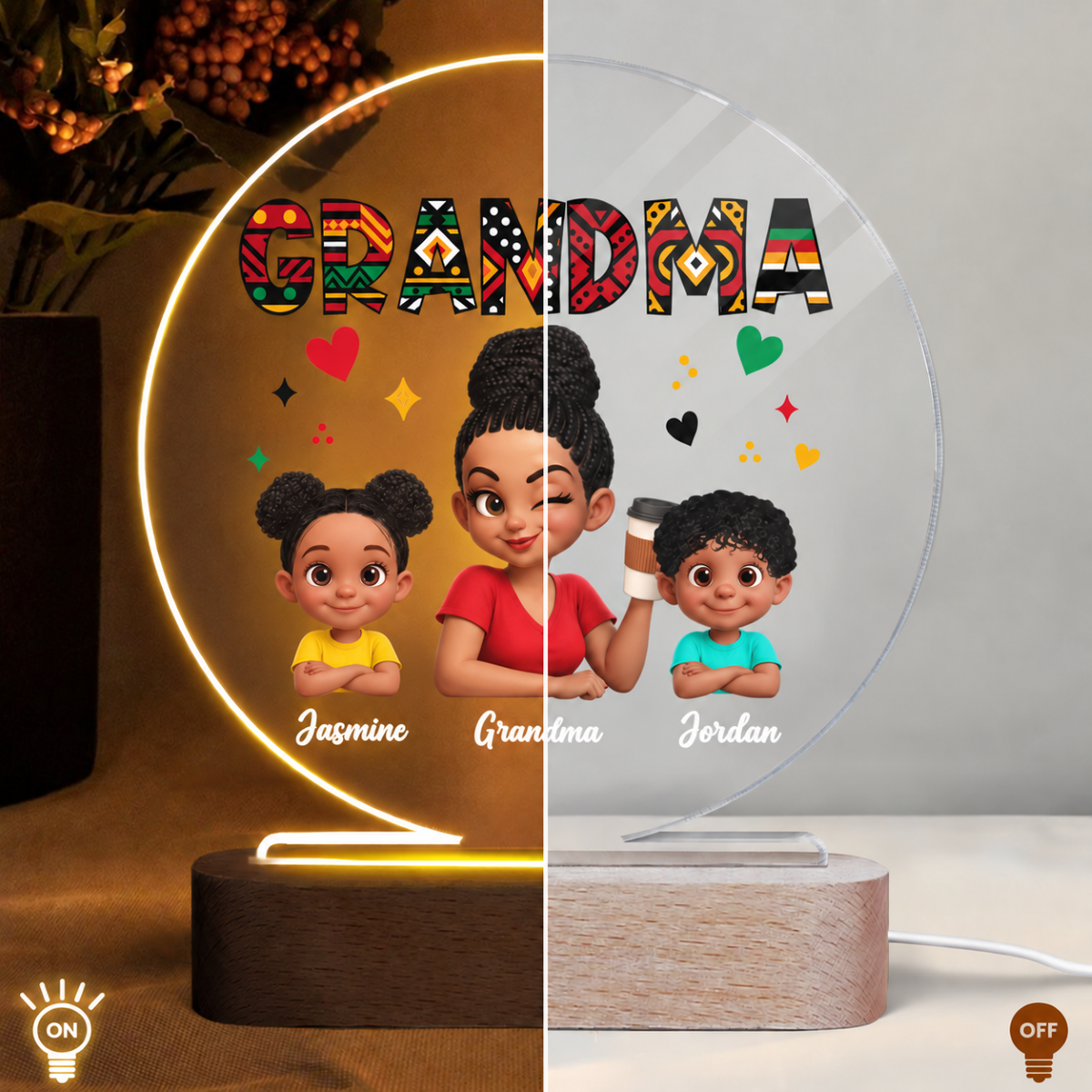 Tribal Pattern Grandma Grandkids Love - Personalized Circle Plaque LED Night Light - Gift For Grandma