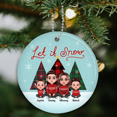 Let It Snow Family Sitting By Christmas Trees Personalized Ceramic Ornament