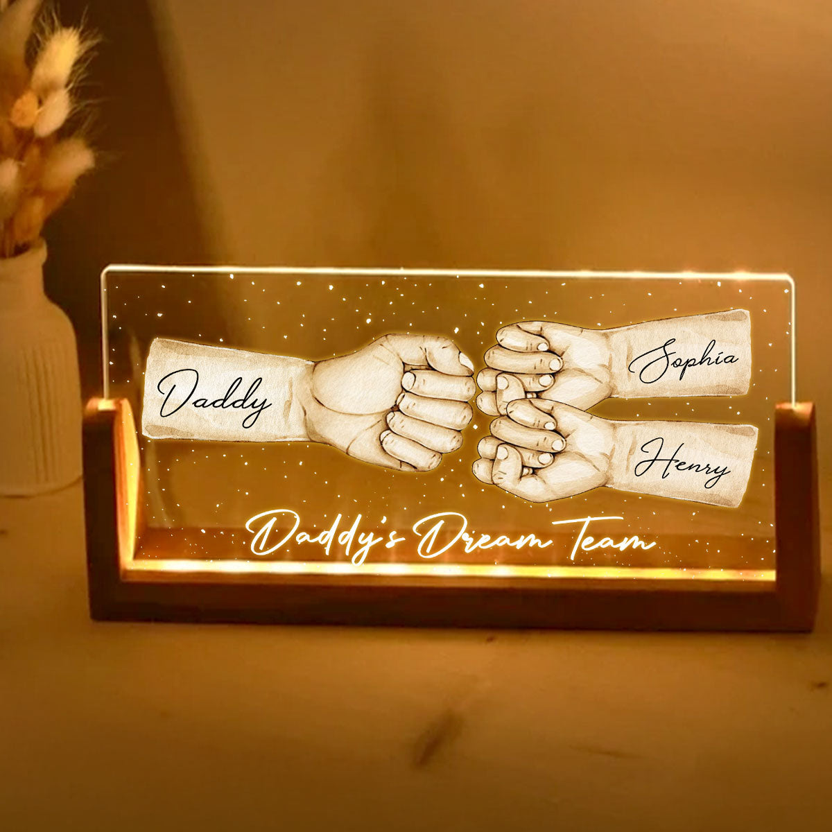 Daddy's Team Fist Bump Personalized U-Base Acrylic LED Night Light, Gift For Dad, Grandpa, Husband
