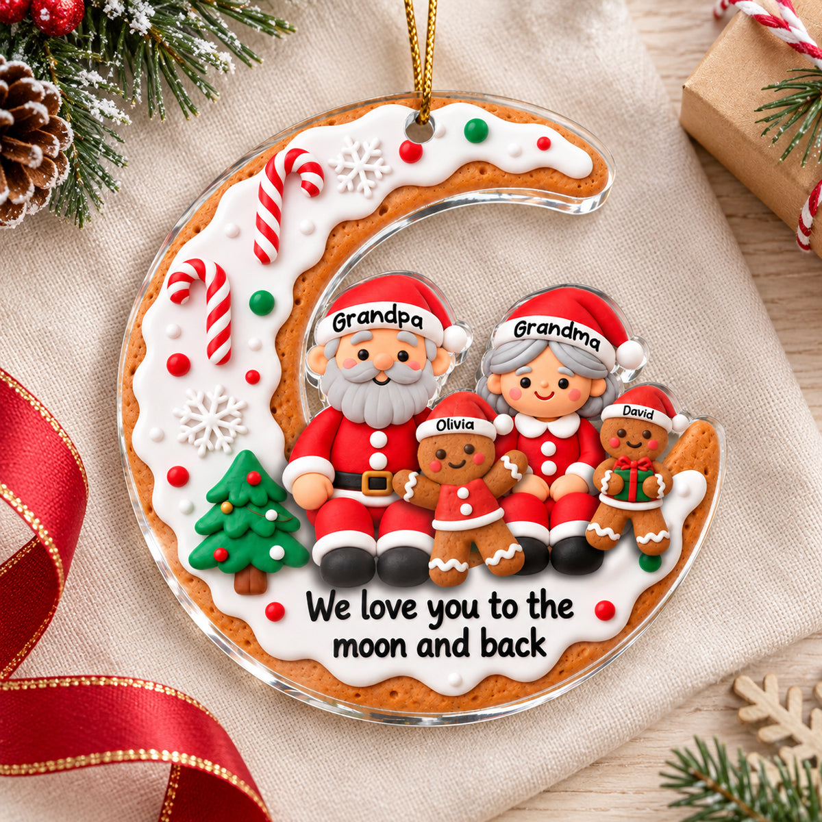 Gingerbread Grandparents Love to the Moon and Back - Personalized Acrylic Ornament - Christmas Gift for Grandma, Grandpa, Grandkids