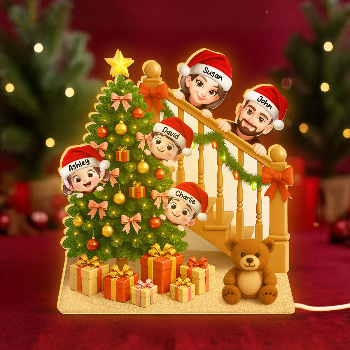 Peeking Family Christmas Tree And Stair Personalized LED Light Box