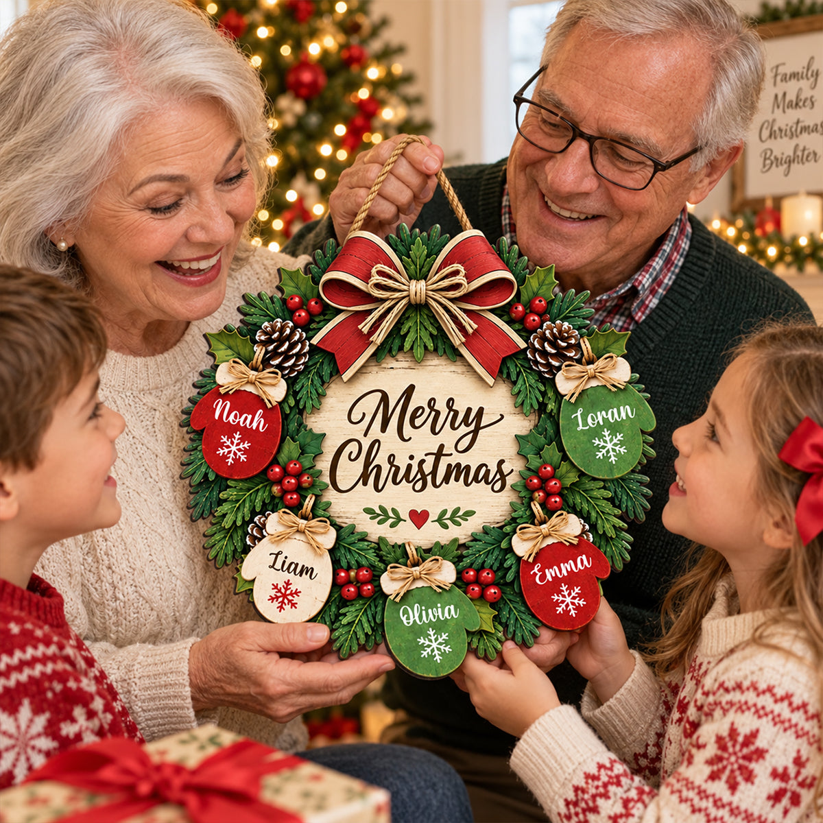 Home For The Holidays Mittens On Wreath 2D Flat Printed - Personalized Wood Sign - Christmas Decor For Family, Grandparents