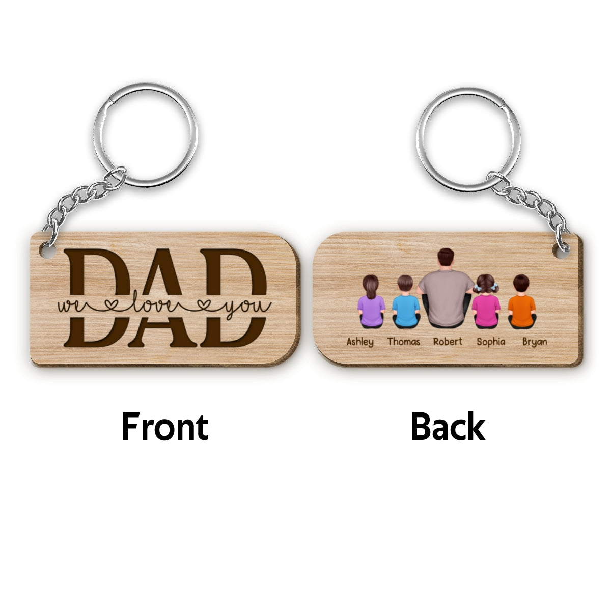 Tool-rific Dad Back View Sitting Man Kids Dog Cat Personalized Wooden Keychain