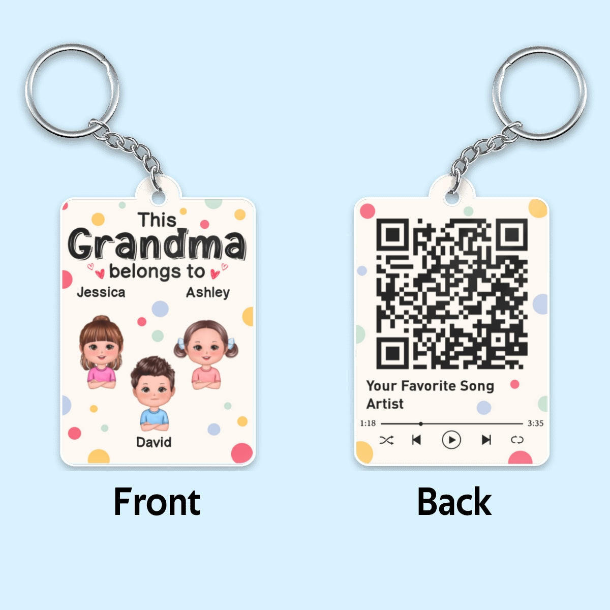 This Grandma Mom Belongs To Cute Doll Kids Colorful Dot Scannable QR Code Personalized Acrylic Keychain