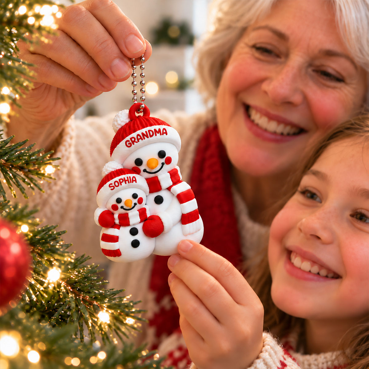 Heartwarming Grandma Hugging Grandkid Snowman - Personalized 3D Printed Ornament - Christmas Gift For Kids, Son, Grandson, Daughter, Granddaughter