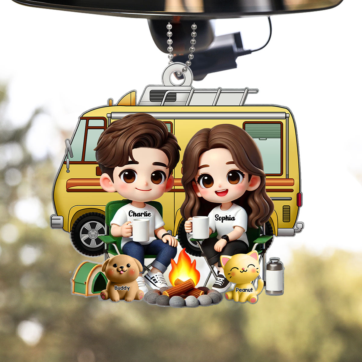 3D Effect Cute Cartoon Camping Couple And Dogs Cats Personalized Acrylic Car Hanger, Rear View Mirror, Valentine's Day, Anniversary, Birthday Gift for him, for her