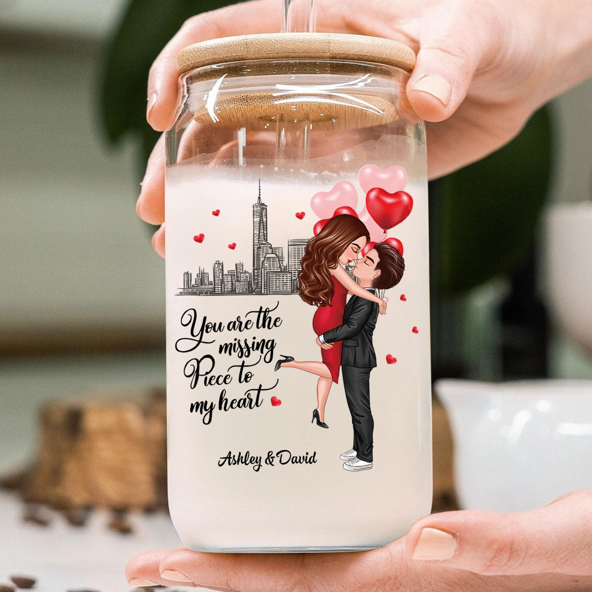 Couple Hugging Kissing You‘re The Missing Piece To My Heart Personalized Clear Glass Can