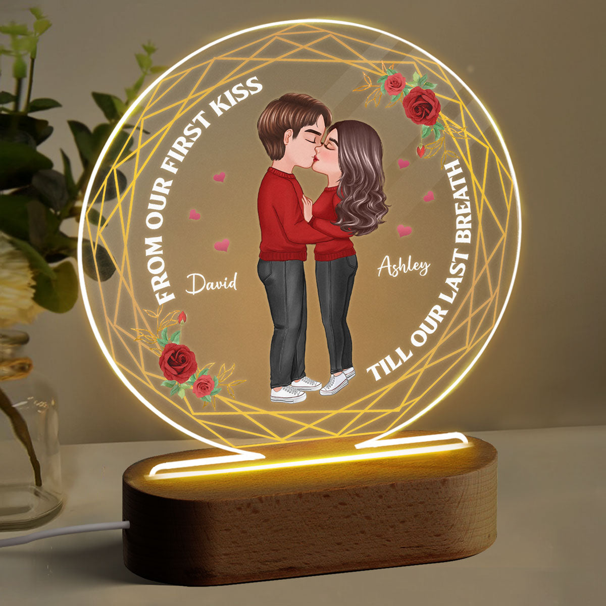 Hexagon Doll Couple Kissing Valentine‘s day Gift Personalized Circle Plaque LED Night Light