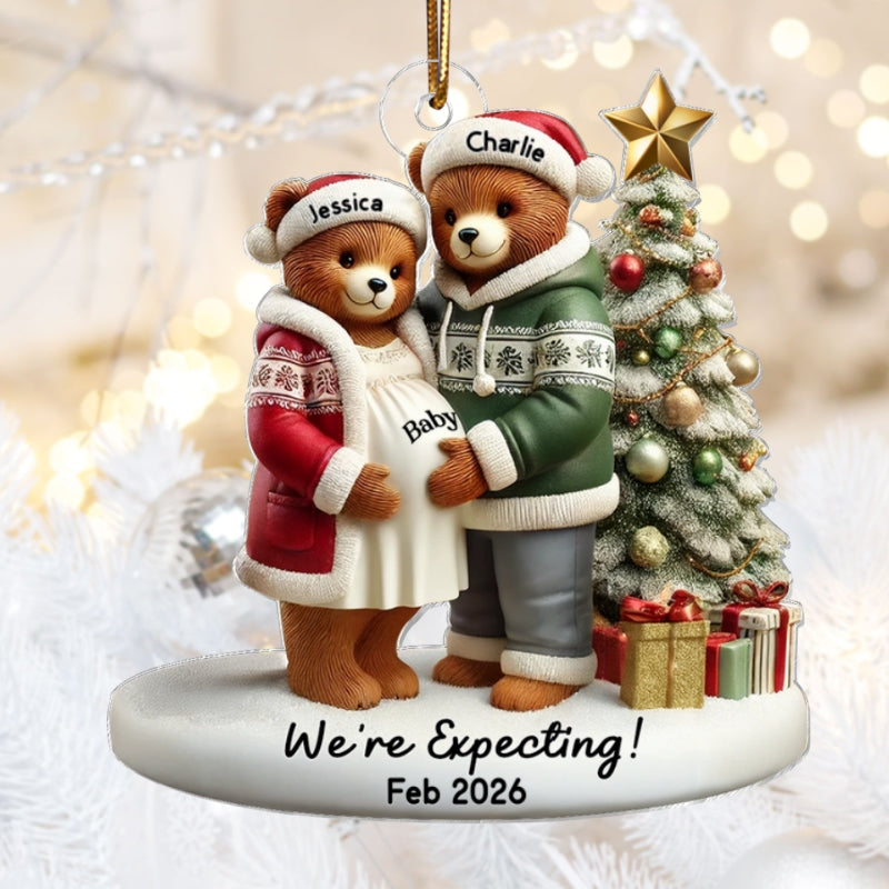 3D Effect Bear Couple Family Expecting New Baby Pregnancy Announcement Keepsake Personalized Acrylic Ornament