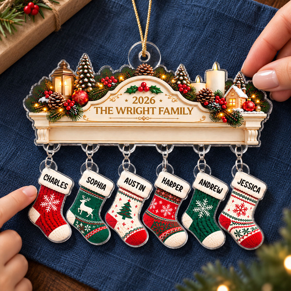 Family Christmas Stockings Mantel - Personalized Acrylic Ornament With Hanging Pieces - Christmas Keepsake for Family