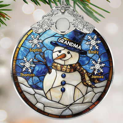 3D Stained Glass Effect Grandma Snowman Custom Grandkids Names - Personalized Glass Ornament With Silver Cap