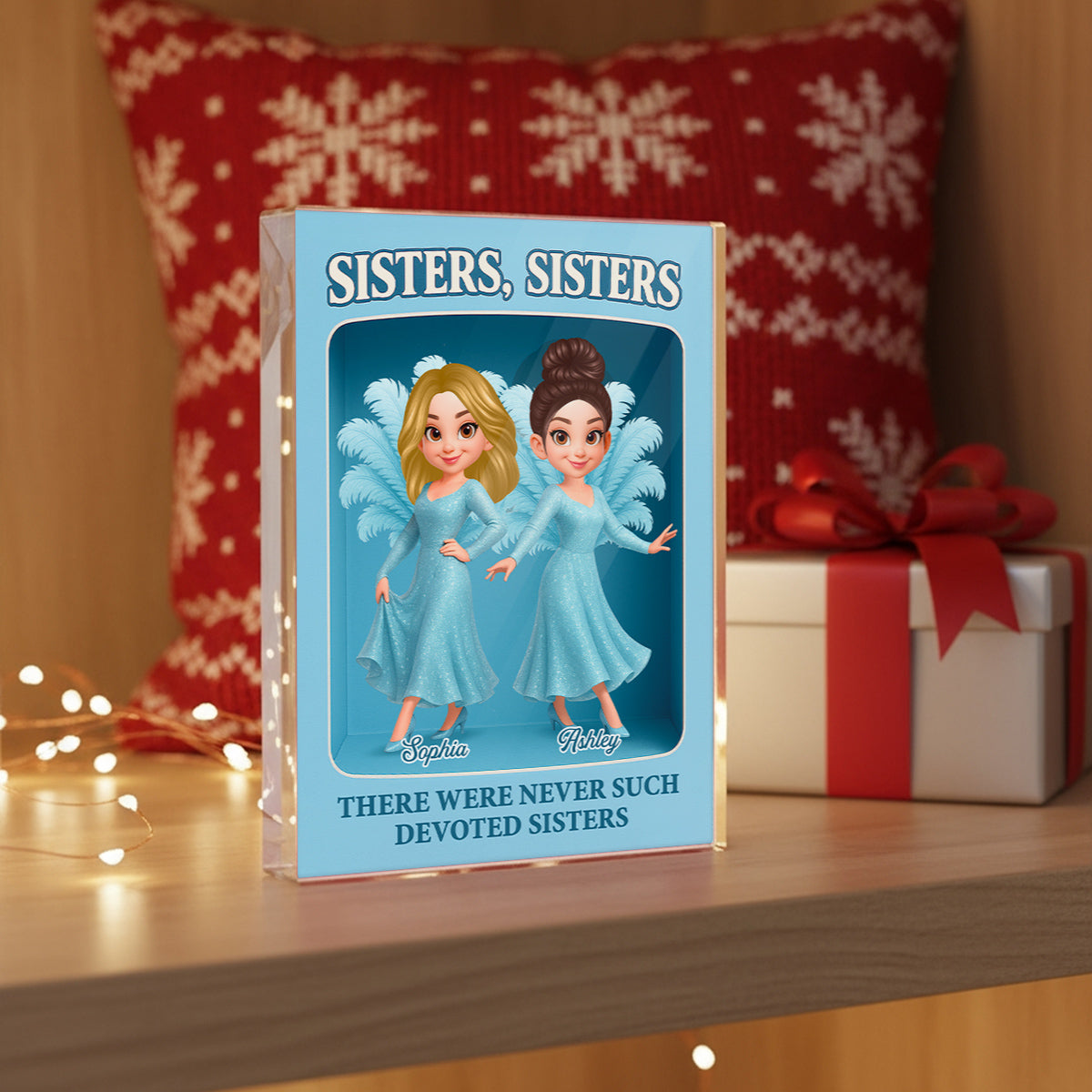 Pretty Cartoon Sisters Besties Blue Dress Toy Box Figure Style Personalized Acrylic Block Plaque