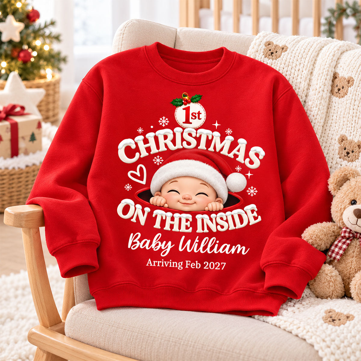1st Christmas On The Inside Baby - Personalized Shirt - Christmas Pregnancy Announcement Gift For Mom To Be, Expecting Mom