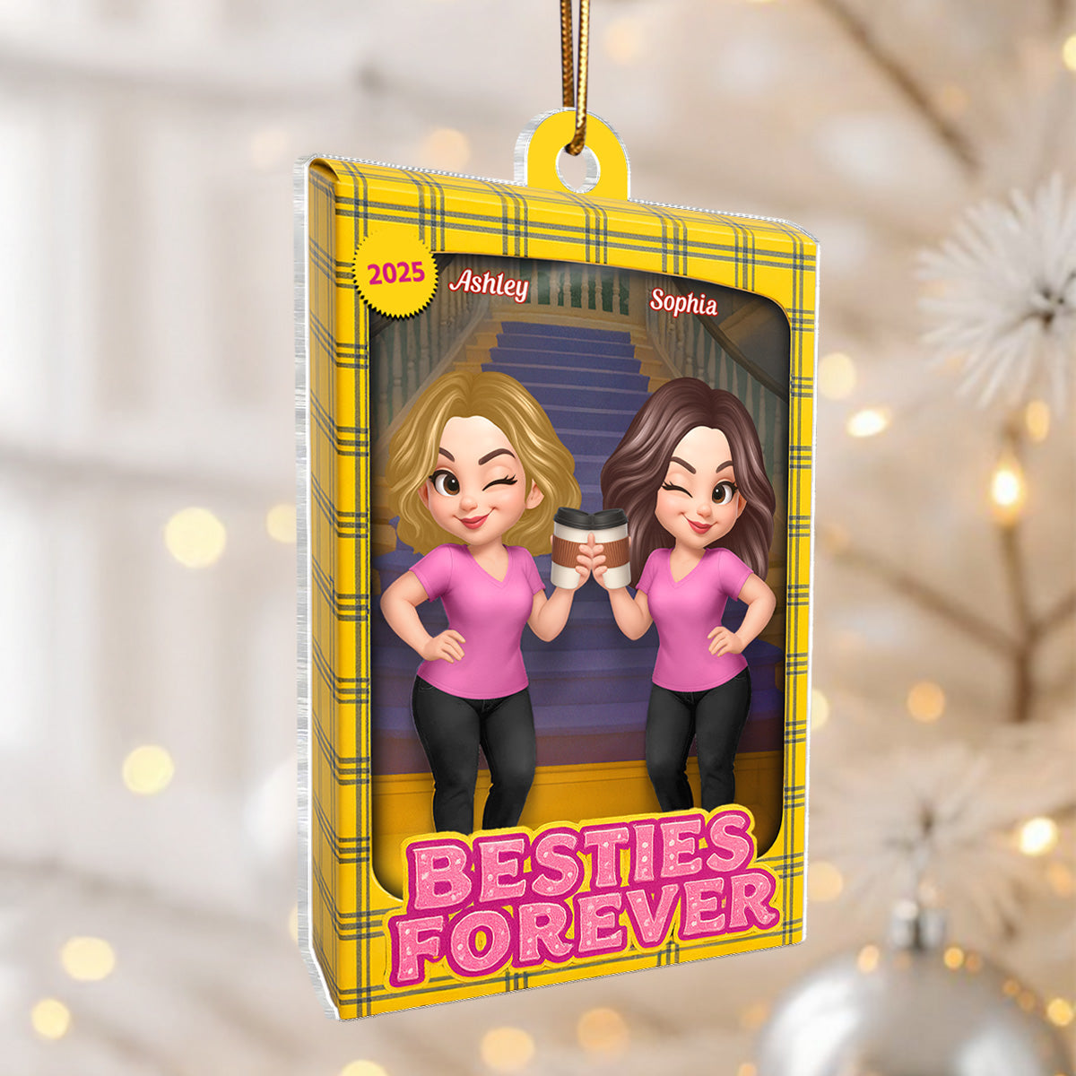 Besties Forever Yellow Plaid Toy Box Style - Personalized Acrylic Ornament - Christmas Gift For Best Friends