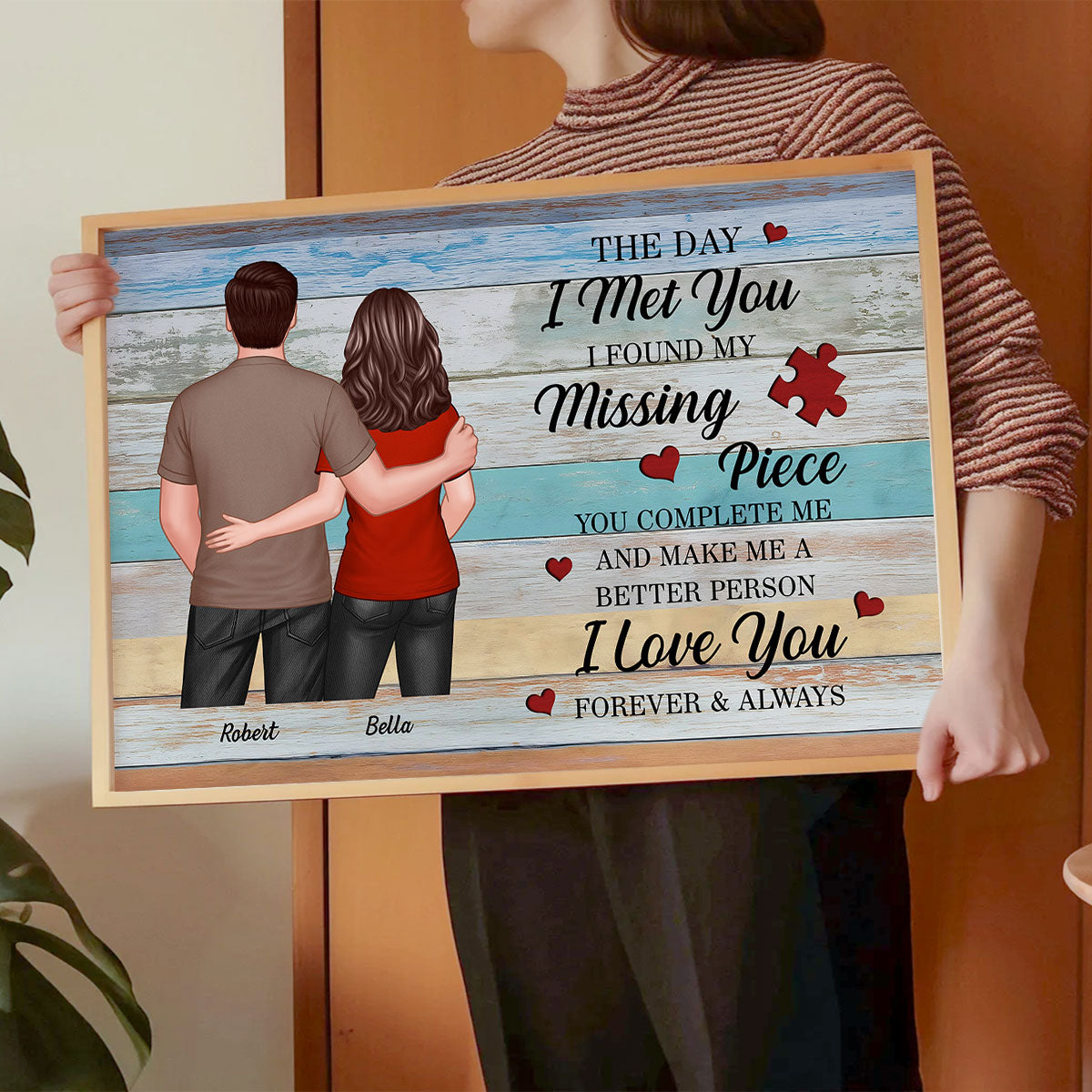 Couple Standing Back View Colorful Wood Pallets Personalized Poster