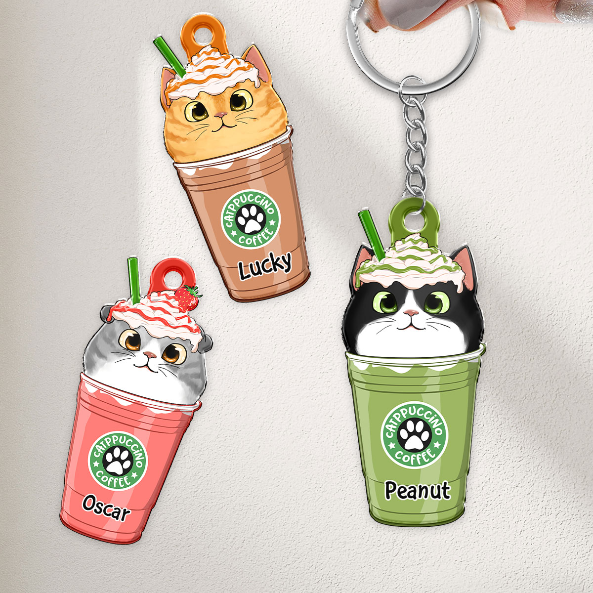 Cute Fluffy Cat Coffee Catpuchino Personalized Acrylic Keychain