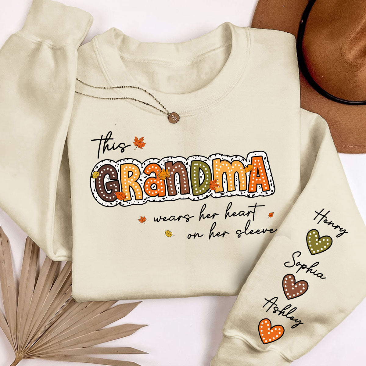 Fall Season This Grandma Wears Her Heart on Her Sleeve - Personalized Sweatshirt