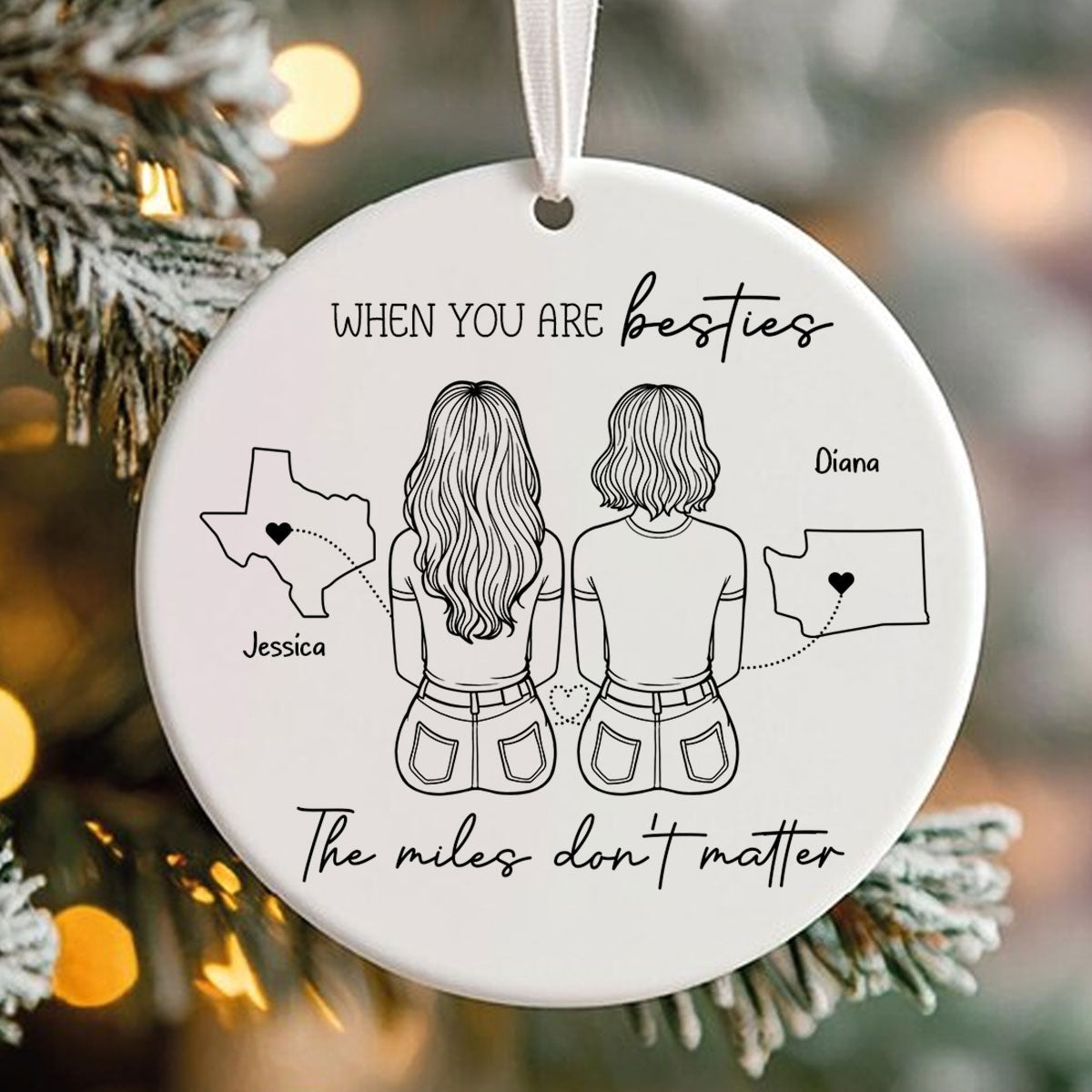 Outline Besties Sisters Long Distance Personalized Circle Ornament, Christmas Gift