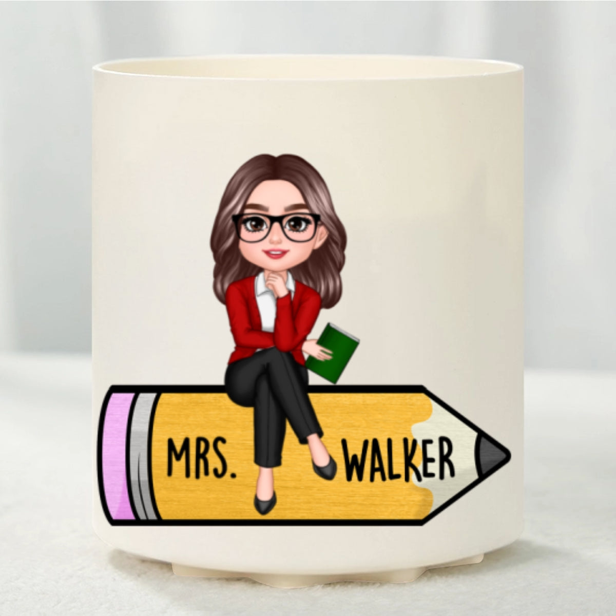 Teacher Sitting On Pencil Personalized Rotating Pen Holder, Back To School Gift, Teacher Appreciation Gift
