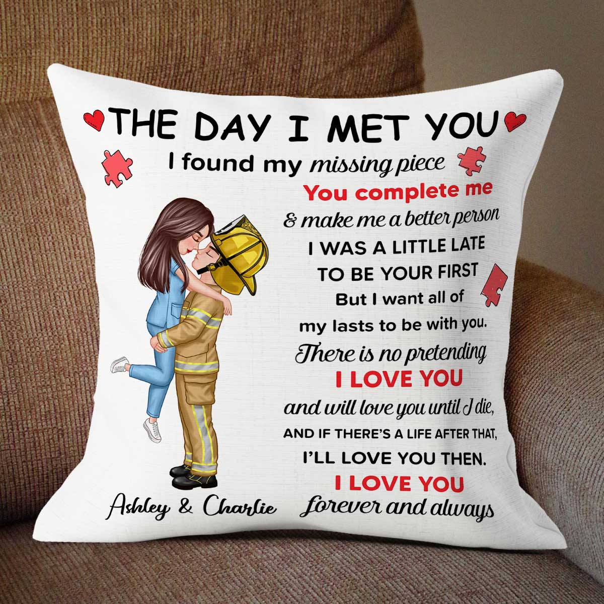 Found My Missing Piece Couple Hugging Kissing Gift by Occupation Gift For Her Gift For Him Firefighter, Nurse, Police Officer Personalized Pillow
