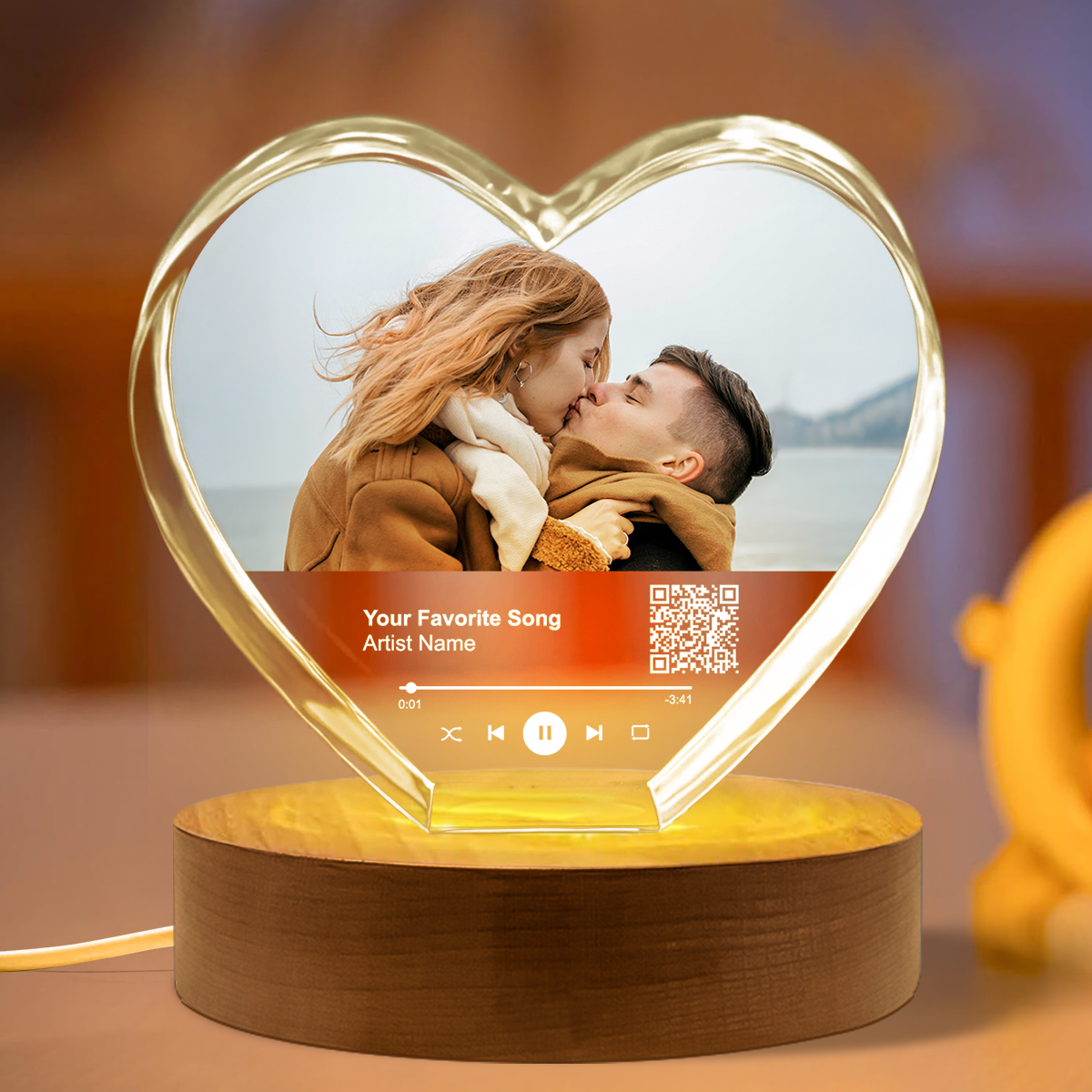 Personalized Music Photo Crystal Heart LED, Valentines Gift, Music Love Gift, Gift for Him, for Her, Free Shipping Included