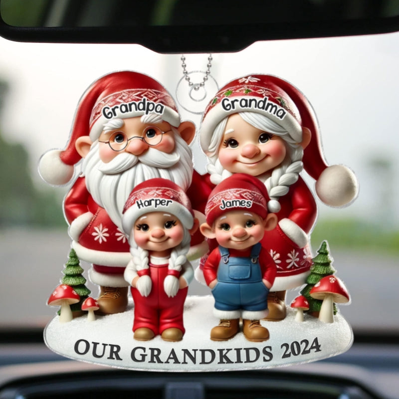 3D Effect Gnome Grandma Grandpa And Grandkids Christmas Personalized Acrylic Car Hanger Ornament