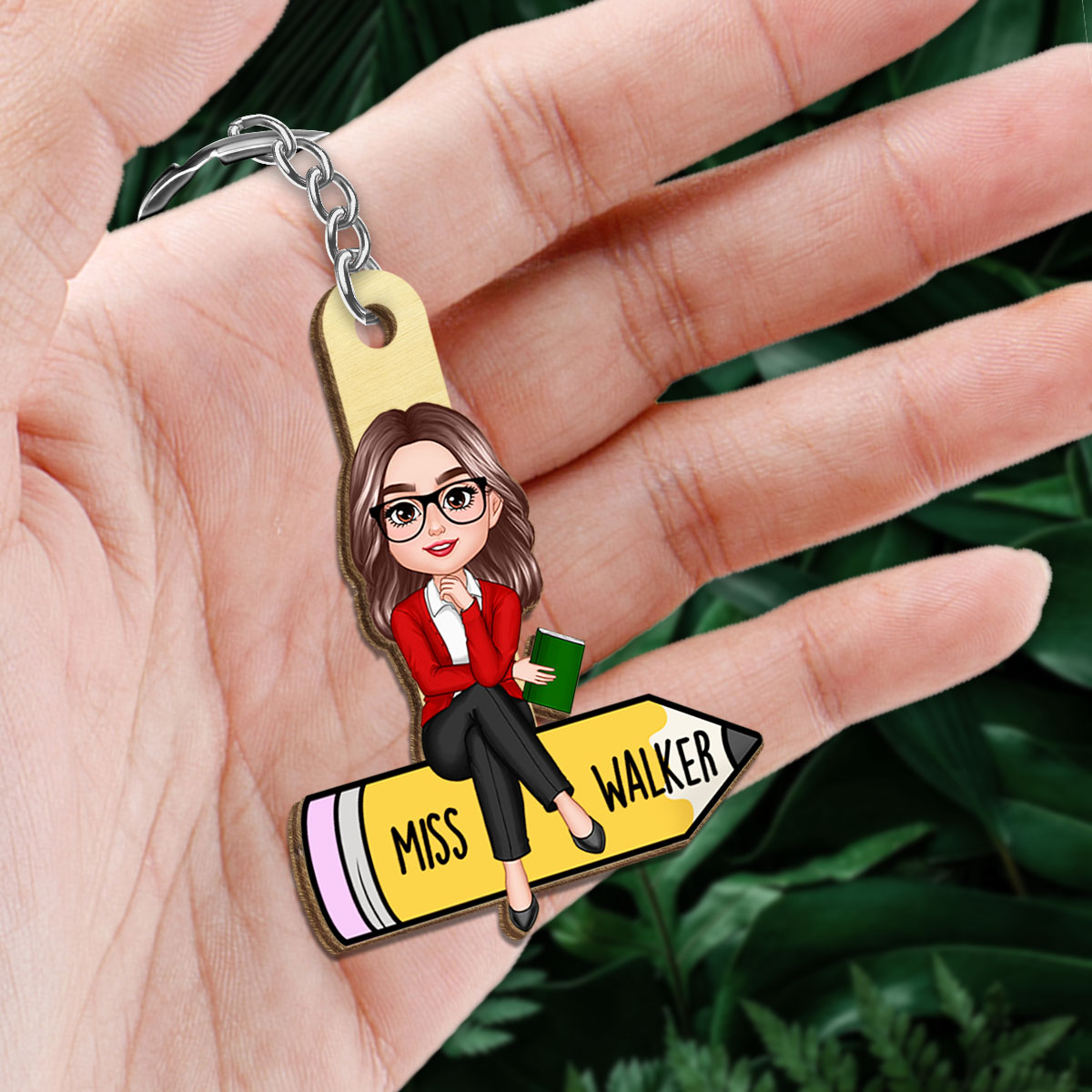 Doll Teacher Sitting On Pencil Personalized Wooden Keychain, Back To School Gift For Teacher