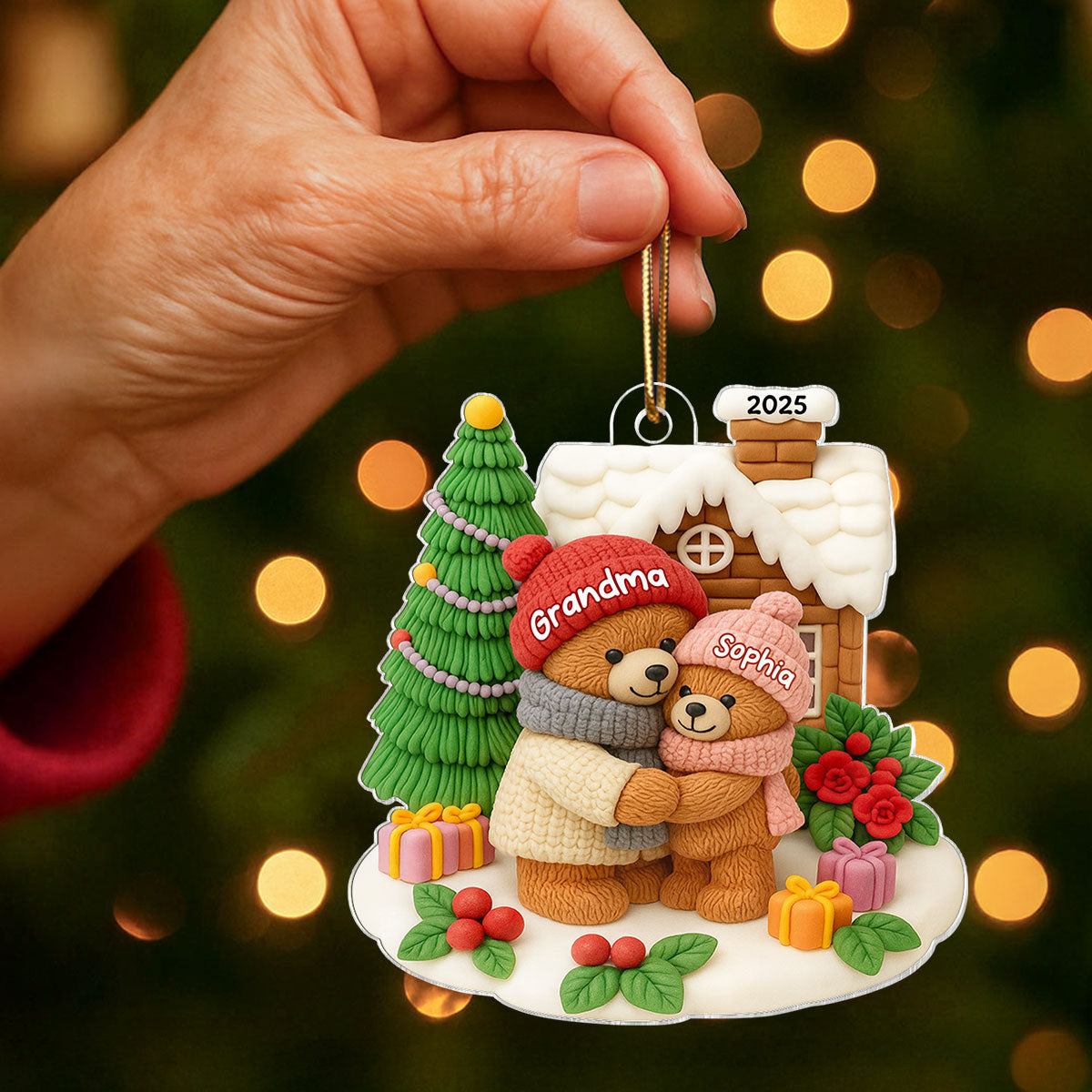Grandma Bear Hugging Grandkids Personalized Acrylic Ornament, Christmas Gift for Granddaughter, Grandson, Grandkids
