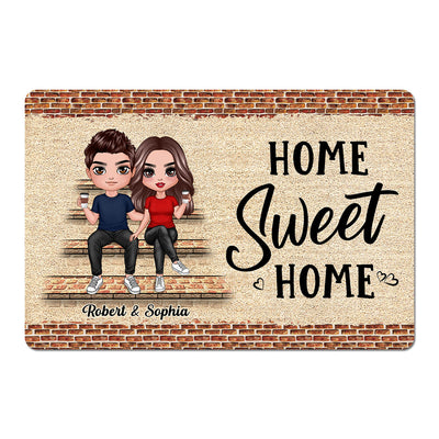 Home Sweet Home Brick Background Doll Couple Personalized Doormat