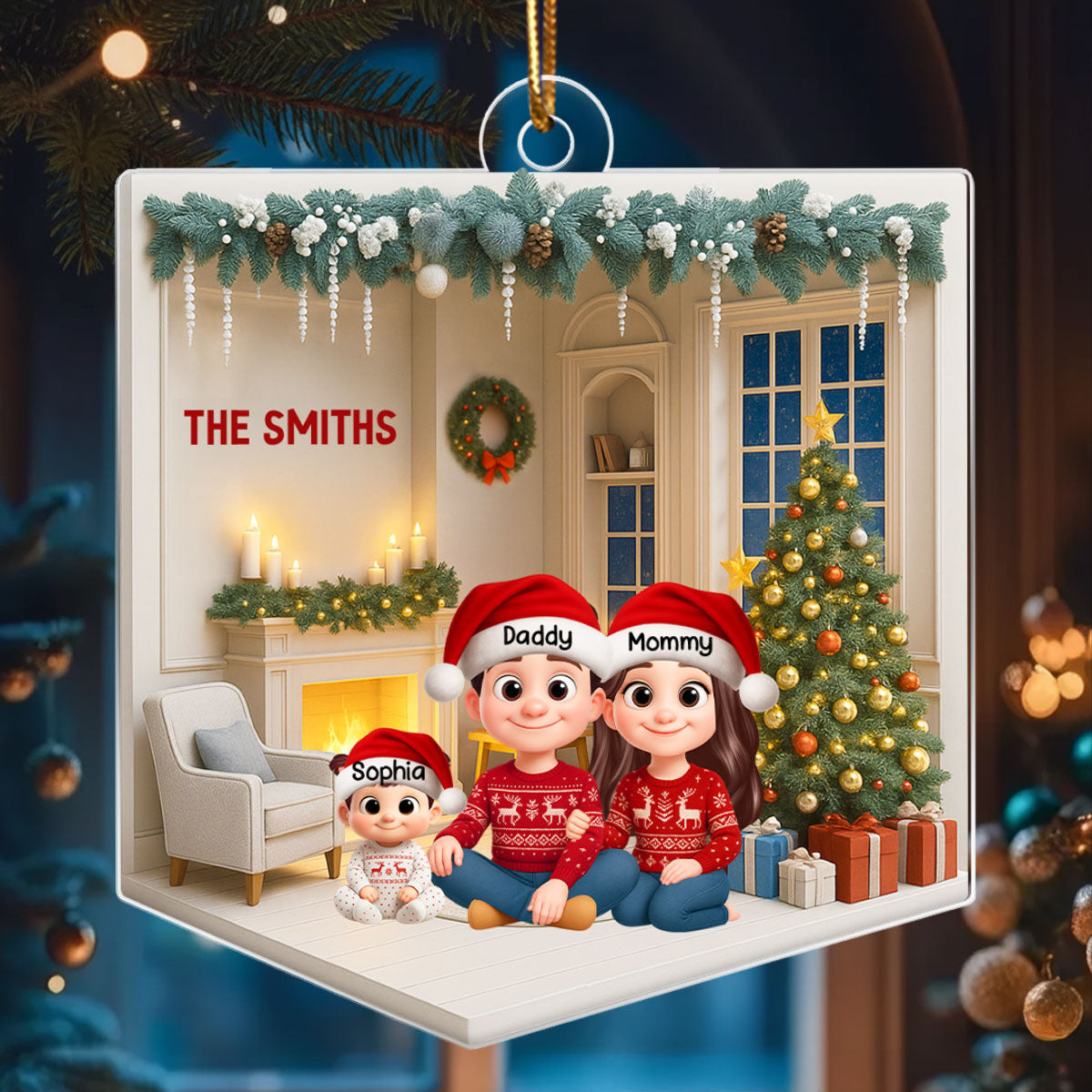 3D House Interior Family Sitting - Personalized Acrylic Ornament - Christmas Gift for Family