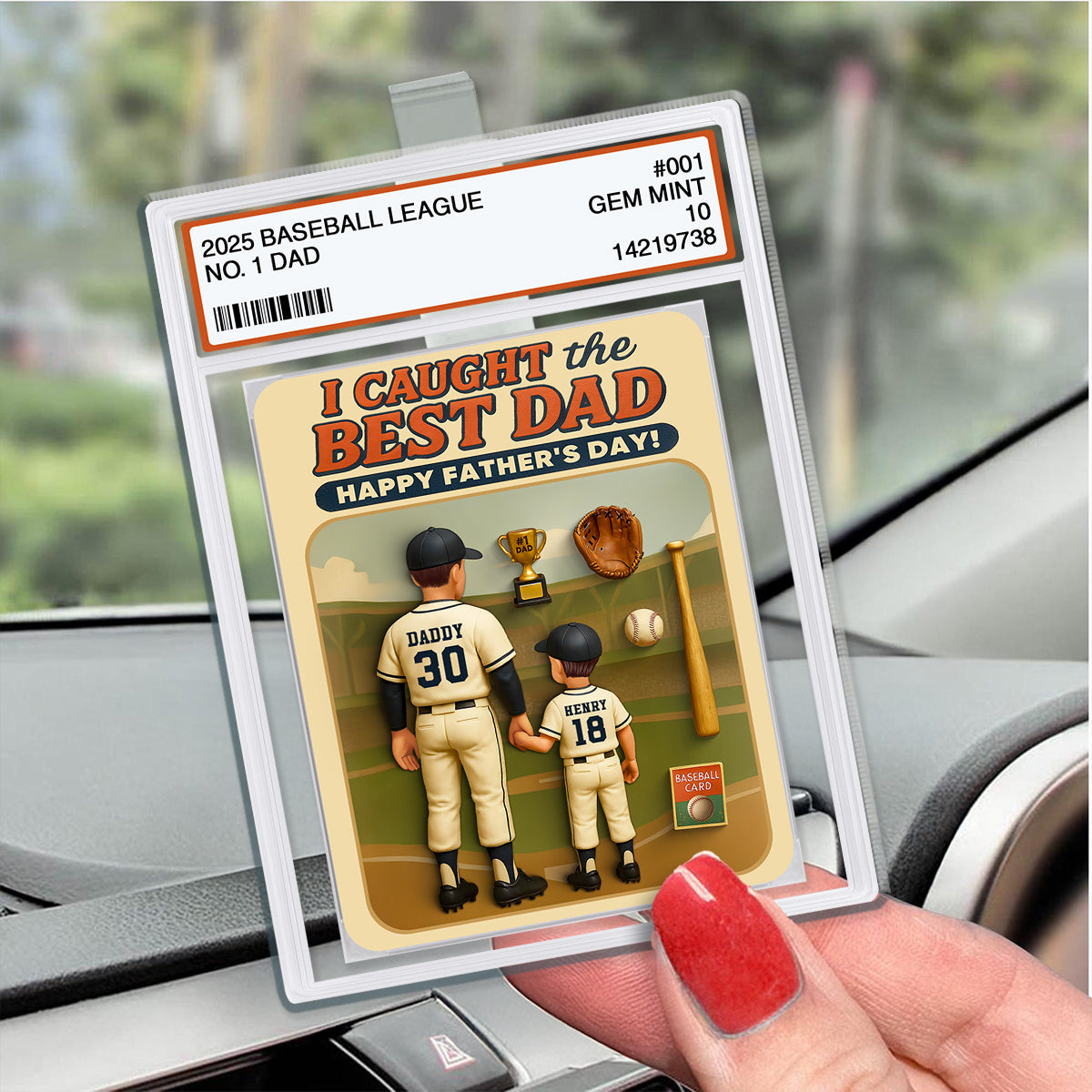 We Caught the Best Dad Trading Card Personalized Acrylic Car Visor Clip, Father's Day Gift for Baseball Dad