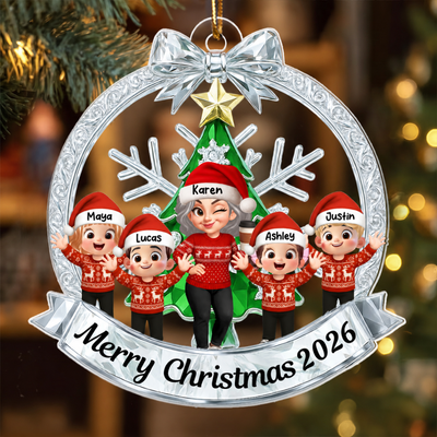 Grandma Grandkids Sitting on Christmas Wreath Metallic Effect - Personalized Acrylic Ornament - Christmas Gift for Grandma
