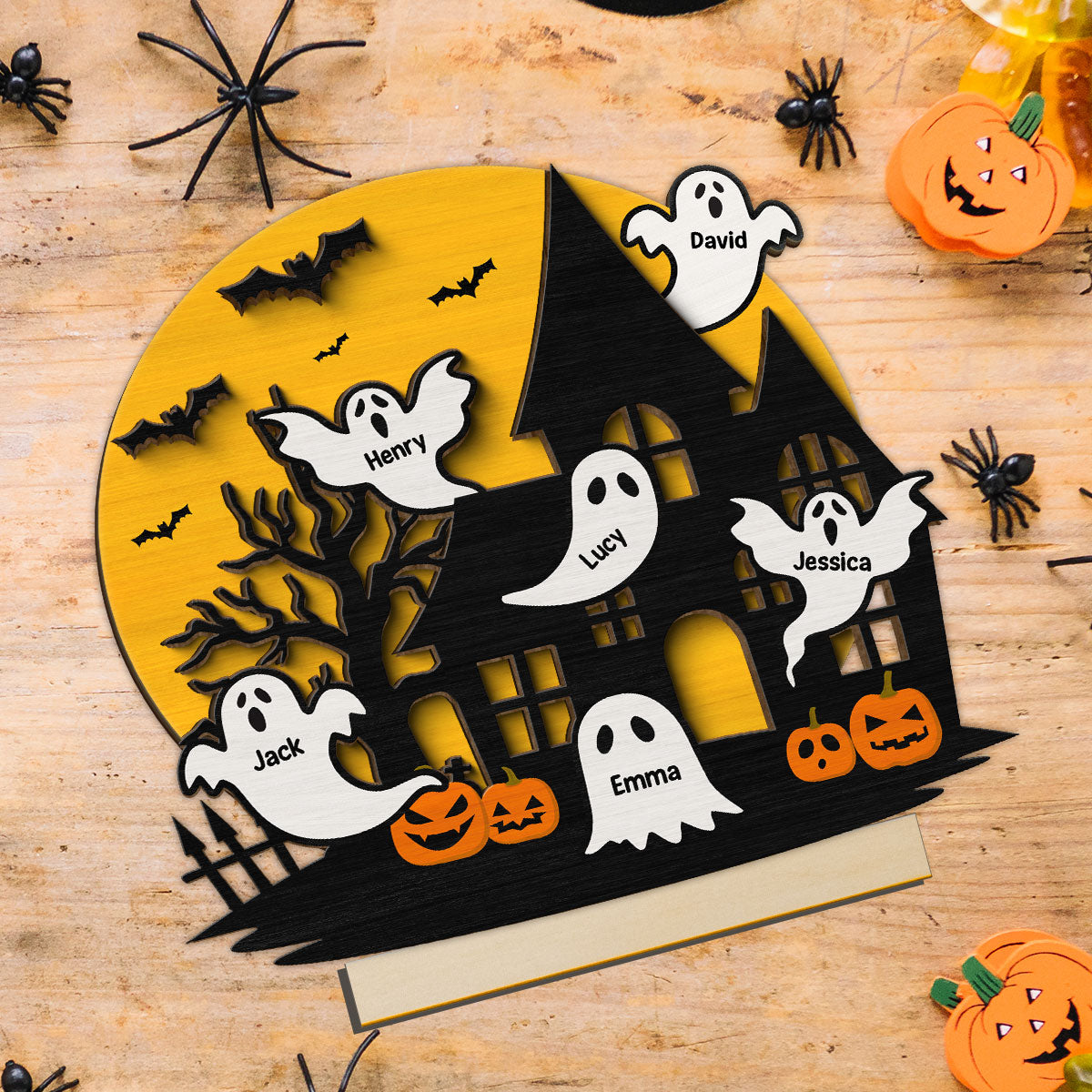 Haunted House Family Boo Personalized 2-Layer Standing Wooden Plaque, Halloween Decoration