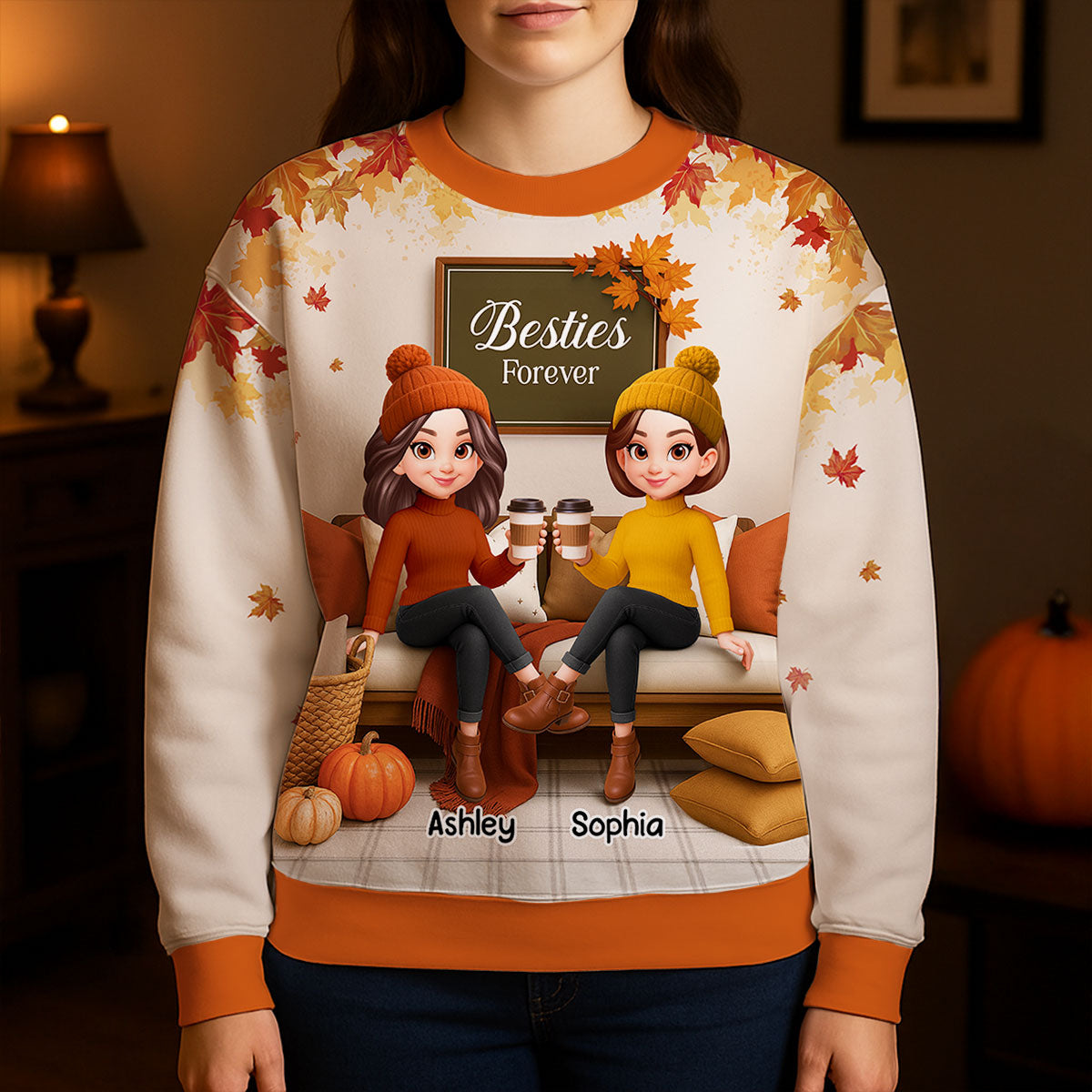 Fall Season Besties Sisters Sitting On Cozy Sofa Personalized 3D Sweatshirt