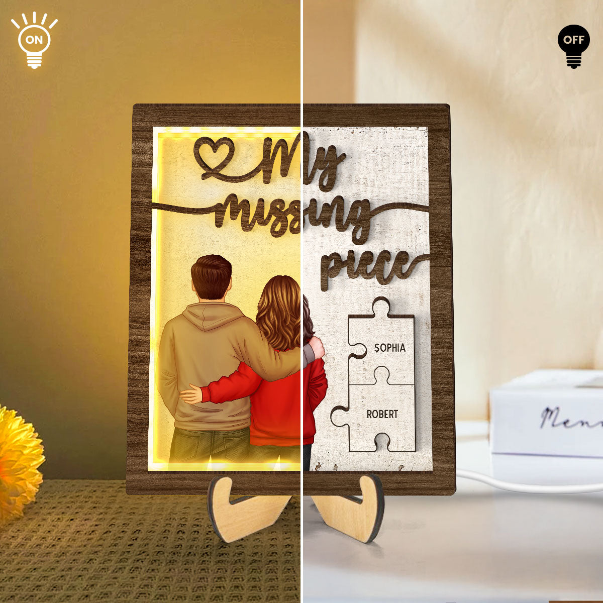 My Missing Piece Back View Couple Personalized 2-Layered Wooden Plaque with LED, Heartfelt Birthday, Anniversary Gift for him, for her
