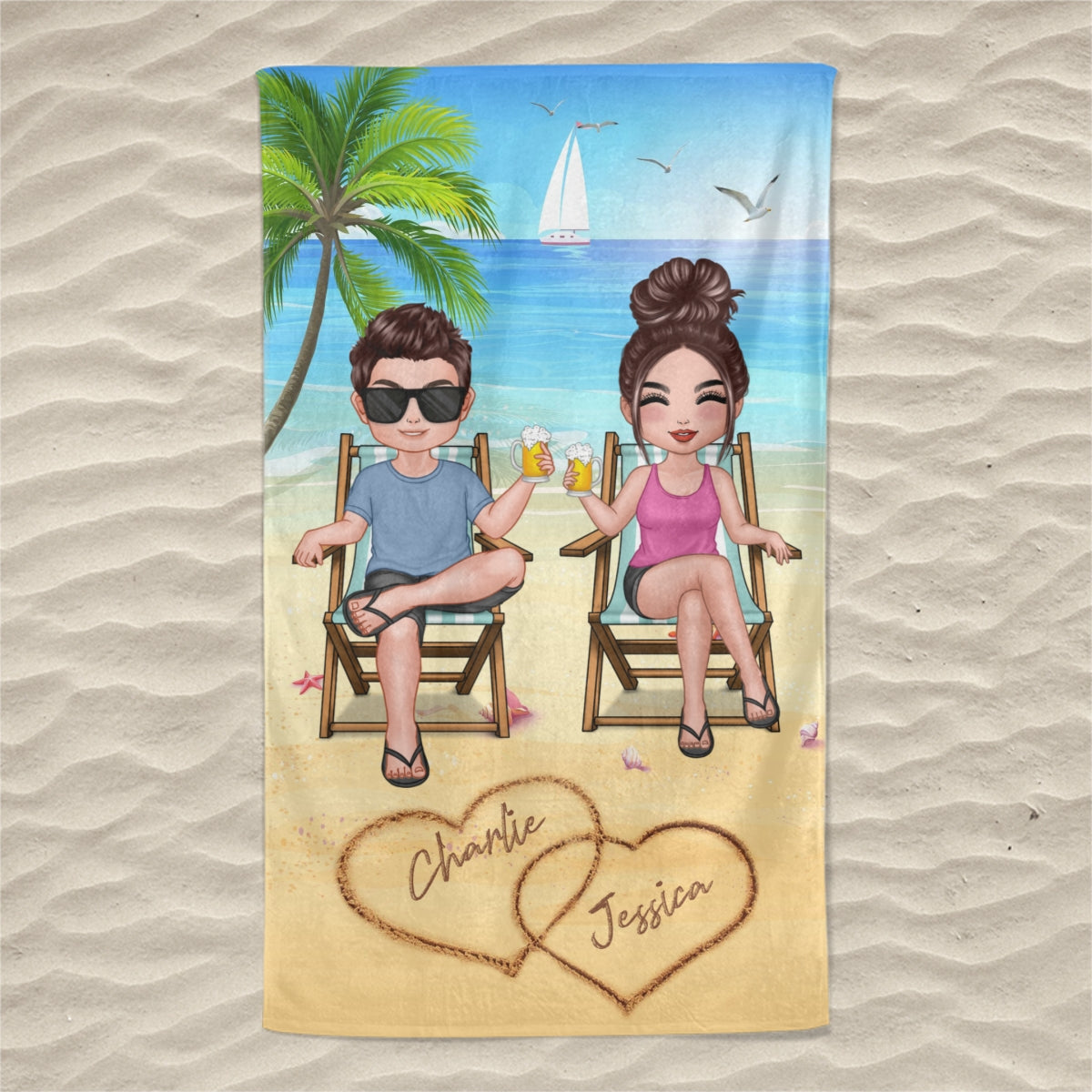 Summer Doll Couple Sitting Personalized Beach Towel