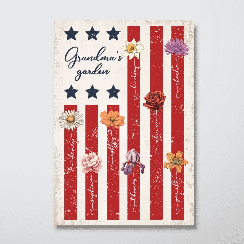 Grandma's Garden 4th Of July American Flag Personalized Poster, Birth Month Flower, Gift For Grandma