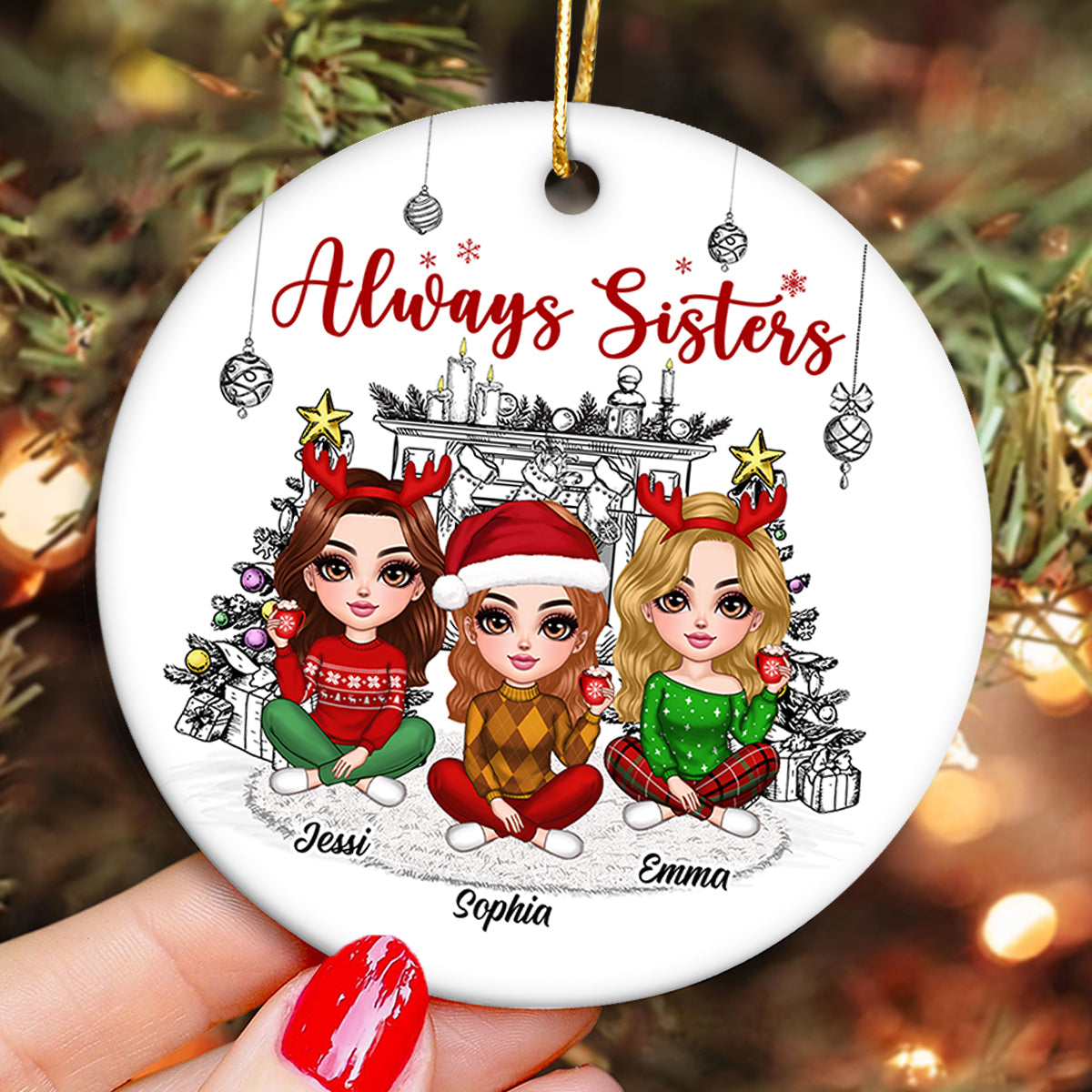 Christmas Outline Background Lovely Besties Personalized Ceramic Ornament