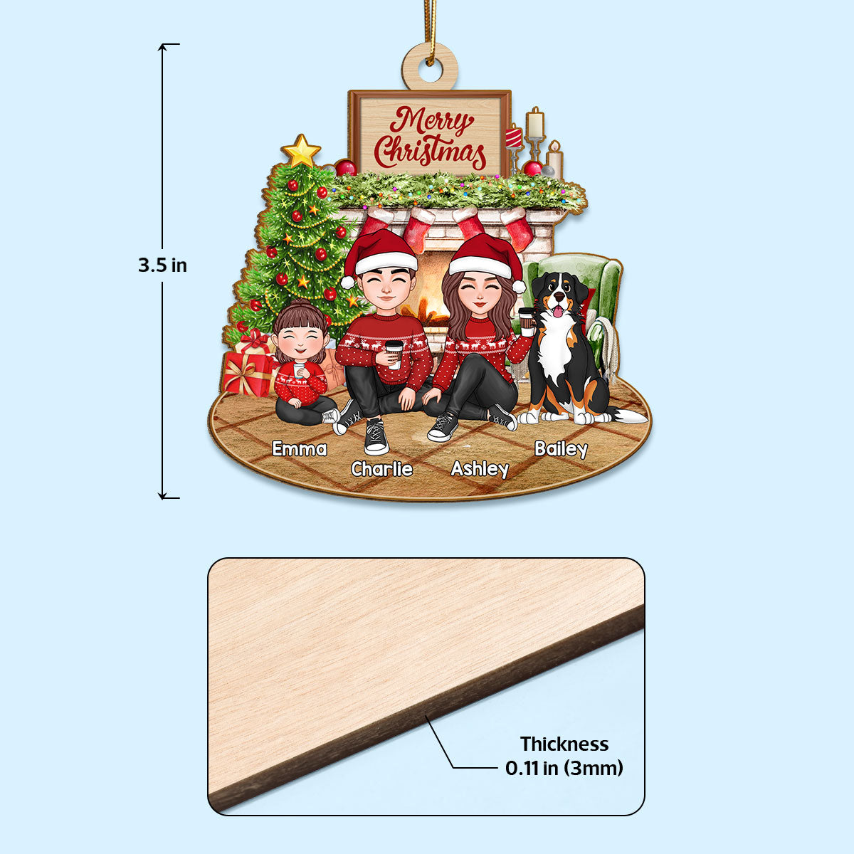 Cute Family Dad Mom Kids Dogs Cats Sitting At Fireplace - Personalized Ornament