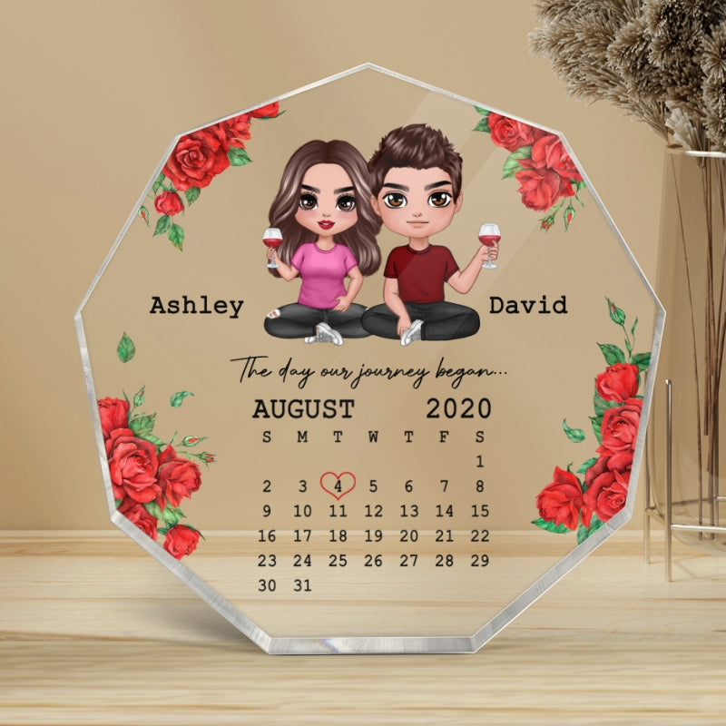 Rose Pattern Calendar Anniversary Date Doll Couple Sitting Gift For Him For Her Personalized Nonagon Acrylic Plaque