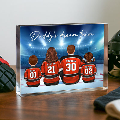 Daddy's Team Hockey Family Sitting Personalized Acrylic Block, Unique Father's Day Gift for Dad, Gift for Husband