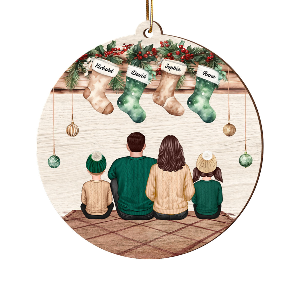 Vintage Christmas Stockings Family Sitting Personalized Wooden Ornament, Christmas Gift For Family