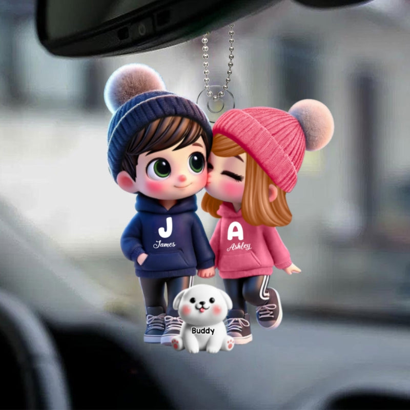 3D Effect Cute Cartoon Couple You Me And The Dog Cat Personalized Acrylic Car Hanger,  Gift for Him, Gift for Her